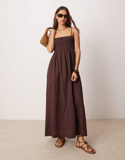 Shirred bust cotton sateen maxi dress in chocolate