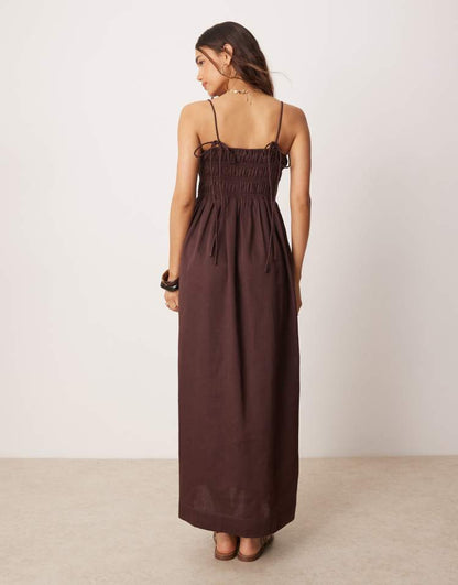 Shirred bust cotton sateen maxi dress in chocolate