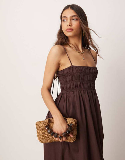 Shirred bust cotton sateen maxi dress in chocolate