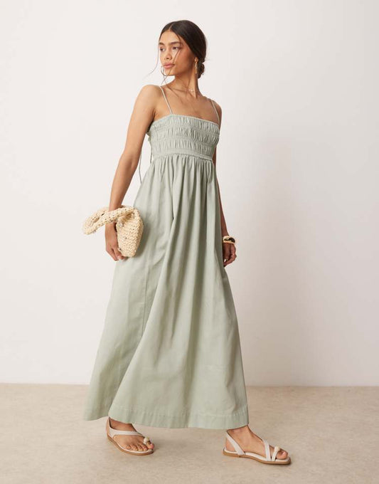 Shirred bust cotton sateen maxi dress in sage