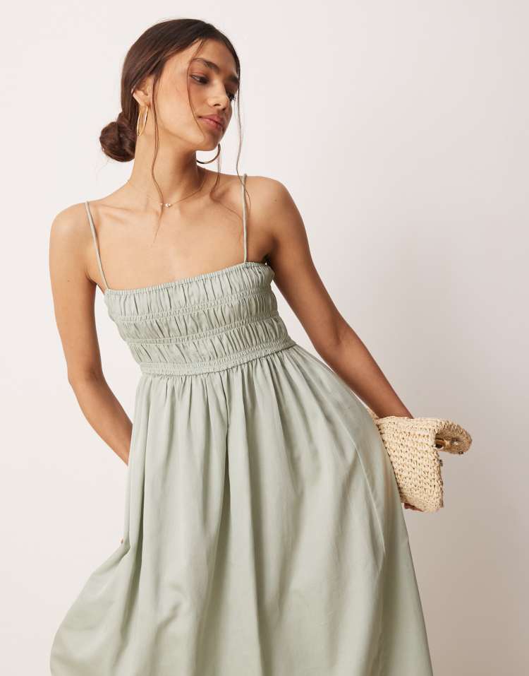 Shirred bust cotton sateen maxi dress in sage