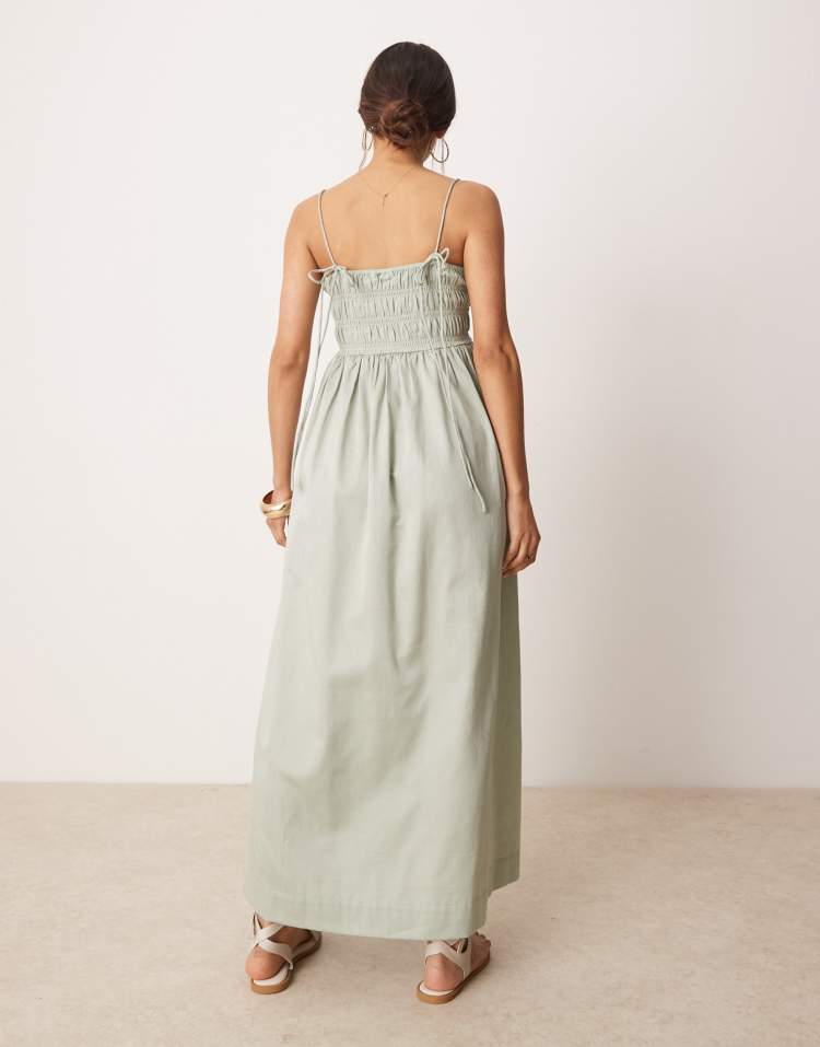 Shirred bust cotton sateen maxi dress in sage