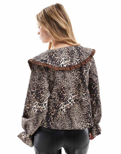 Oversized collar tie front blouse in animal print