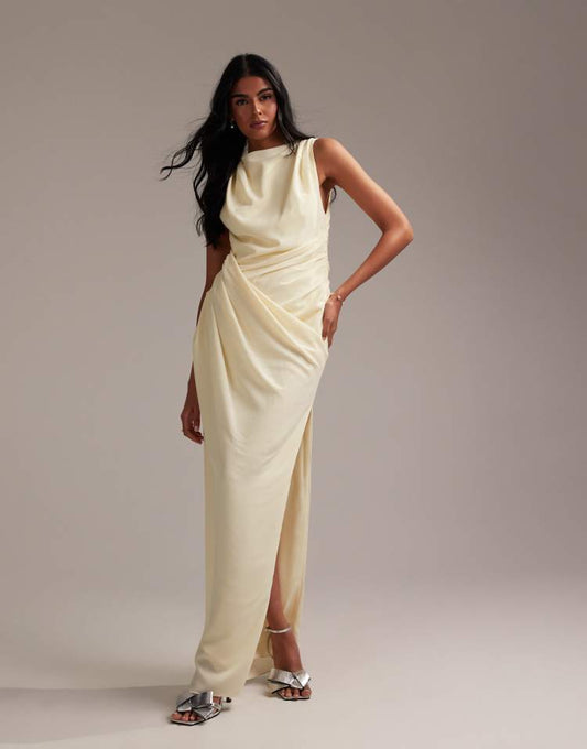 Bridesmaids draped overlay crepe maxi dress in soft yellow