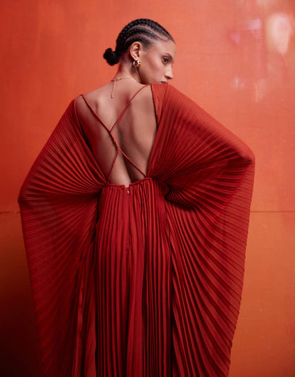 Ultimate blouson sleeve pleated maxi dress with deep V & twist back in rust