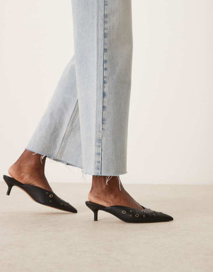 Surprise eyelet detail kitten heeled mules in black