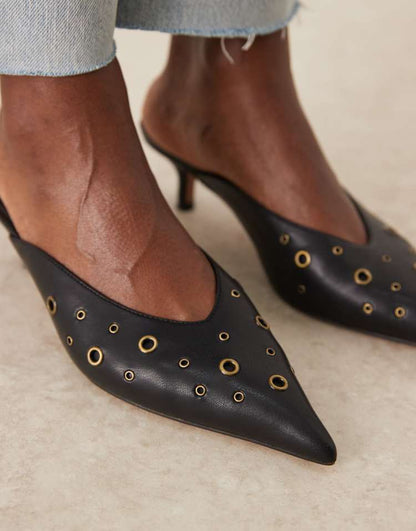 Surprise eyelet detail kitten heeled mules in black