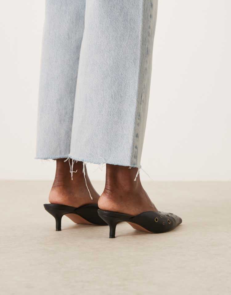 Surprise eyelet detail kitten heeled mules in black