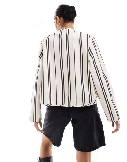 Denim tie front long sleeve top in mono stripe