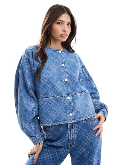 Denim collarless jacket in check print