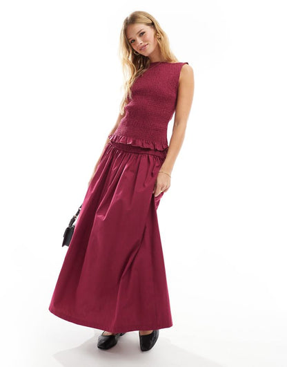 Poplin shirred waist maxi skirt co ord in burgundy