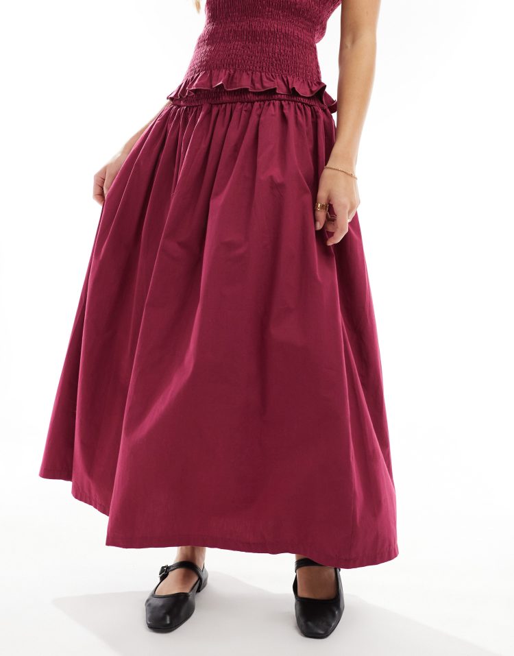 Poplin shirred waist maxi skirt co ord in burgundy