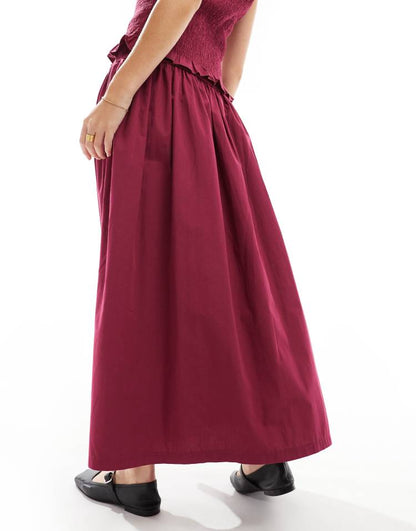 Poplin shirred waist maxi skirt co ord in burgundy