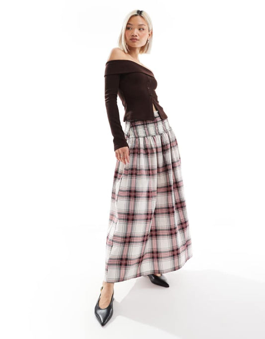 Poplin shirred waist maxi skirt co ord in check