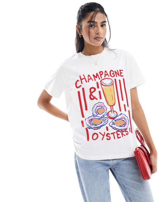 Regular fit t-shirt with drinks and oysters graphic in white