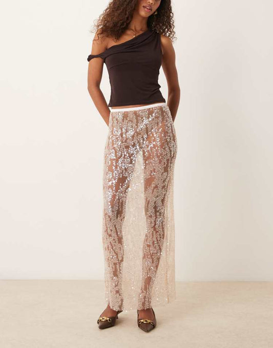 Mesh sequin midi skirt in champagne