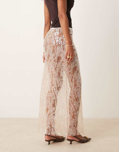 Mesh sequin midi skirt in champagne