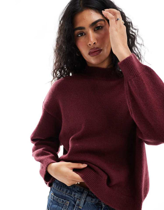 Fluffy knit high neck jumper in burgundy