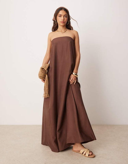 Cupro bandeau maxi dress in chocolate