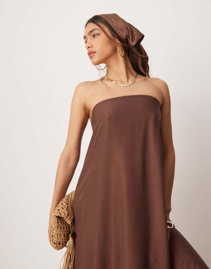 Cupro bandeau maxi dress in chocolate