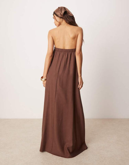 Cupro bandeau maxi dress in chocolate