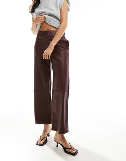 Faux leather ankle grazer trousers in dark cherry