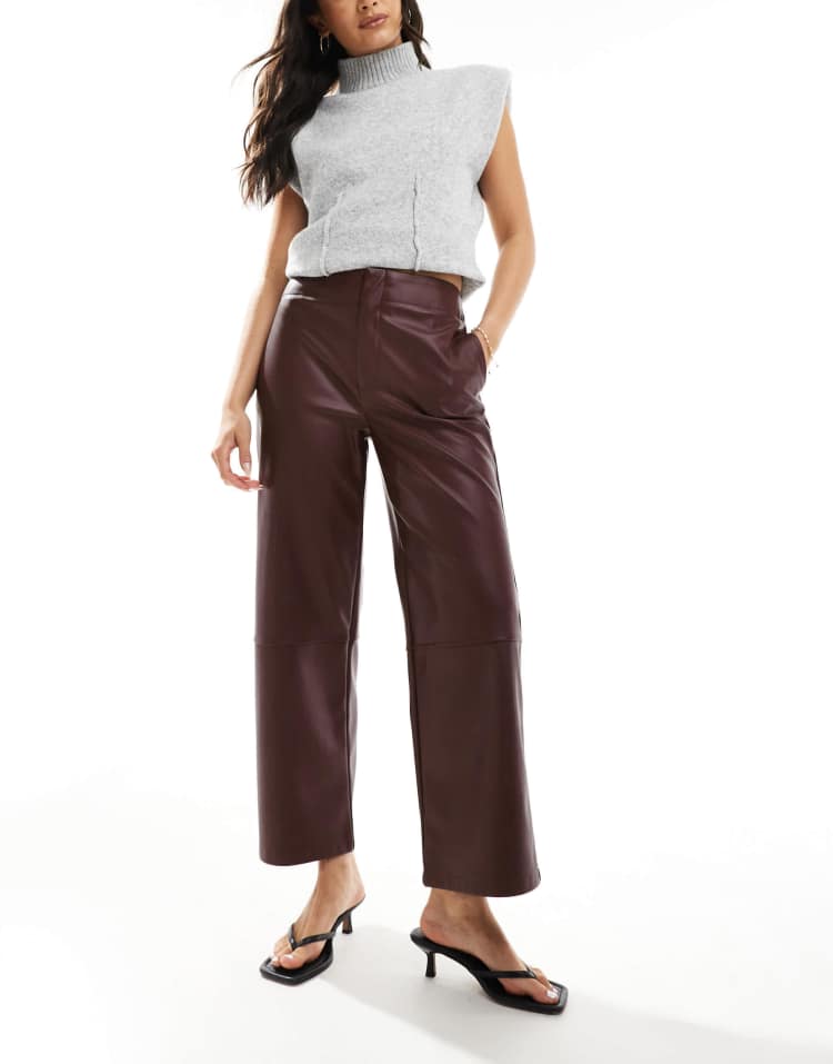 Faux leather ankle grazer trousers in dark cherry