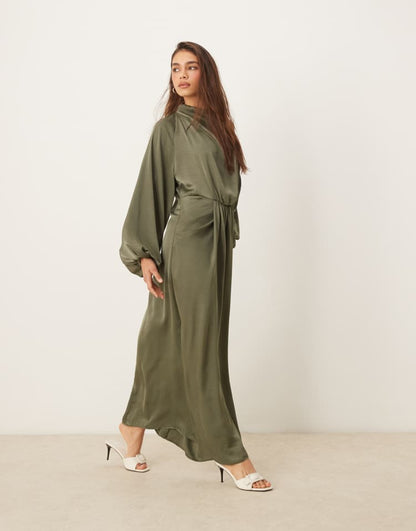 Draped blouson sleeve satin maxi dress in olive