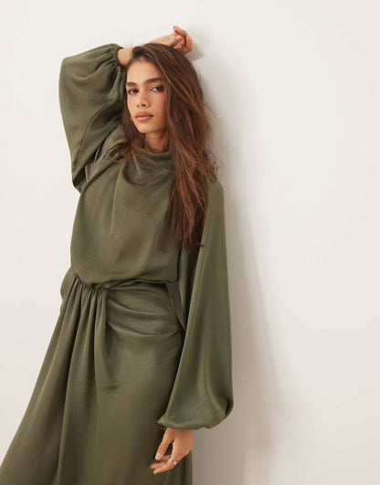 Draped blouson sleeve satin maxi dress in olive