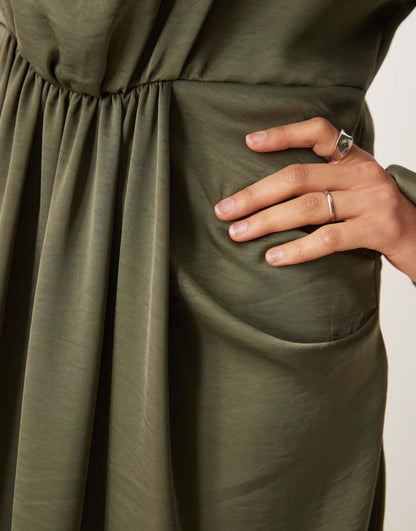 Draped blouson sleeve satin maxi dress in olive