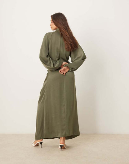 Draped blouson sleeve satin maxi dress in olive