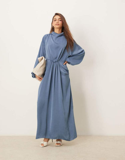 Draped blouson sleeve satin maxi dress in smokey blue