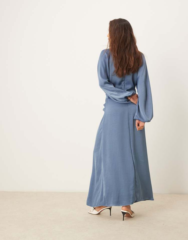 Draped blouson sleeve satin maxi dress in smokey blue