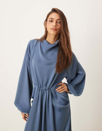 Draped blouson sleeve satin maxi dress in smokey blue