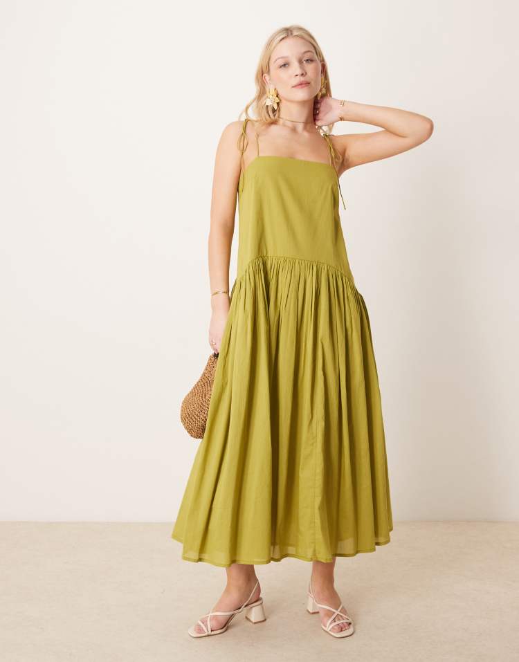 Dropped waist maxi dress in olive