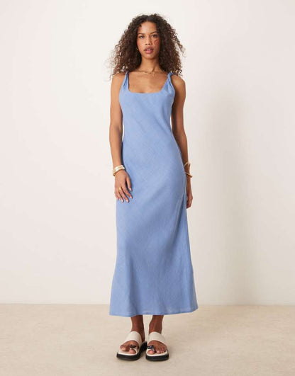 Linen look twist strap bias maxi dress in blue in denim wash blue