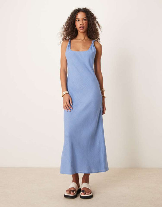 Linen look twist strap bias maxi dress in blue in denim wash blue