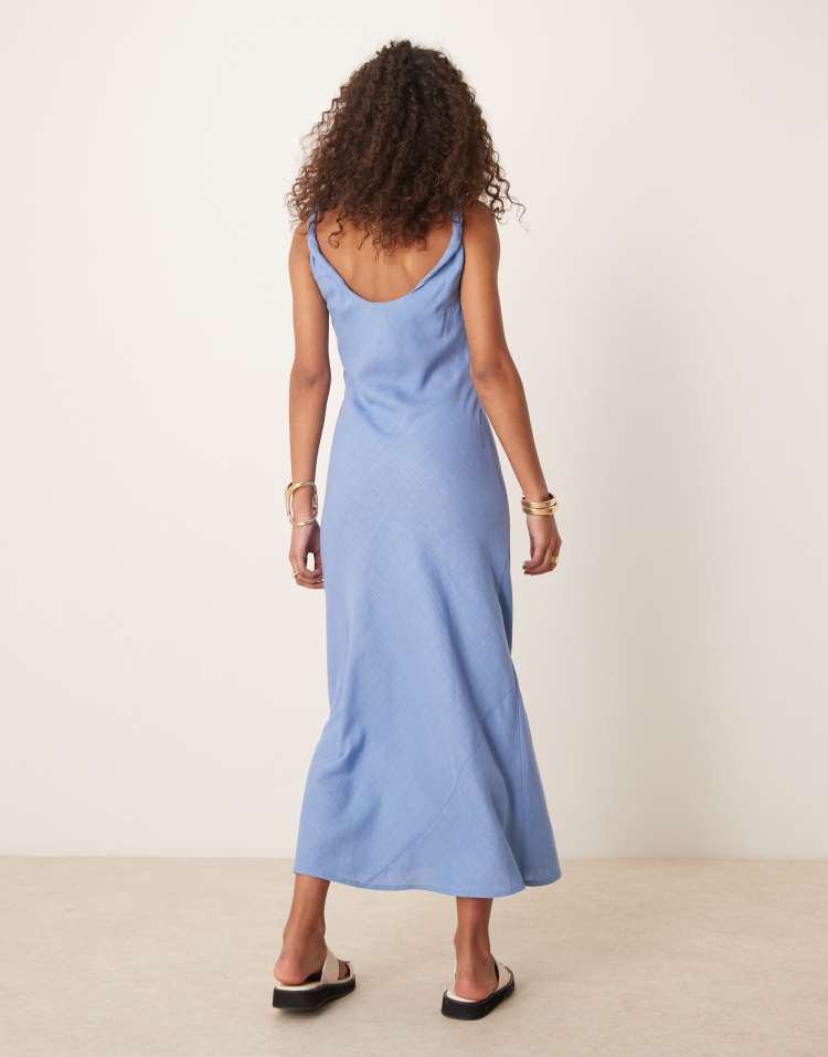 Linen look twist strap bias maxi dress in blue in denim wash blue