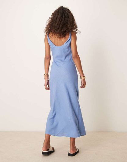 Linen look twist strap bias maxi dress in blue in denim wash blue