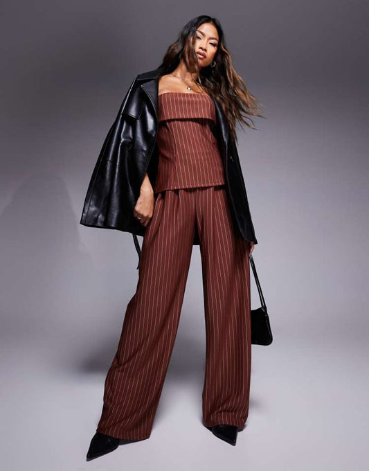 Wide leg trouser co-ord in chocolate pin stripe