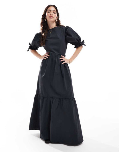 Puff sleeve low back tiered maxi dress in black