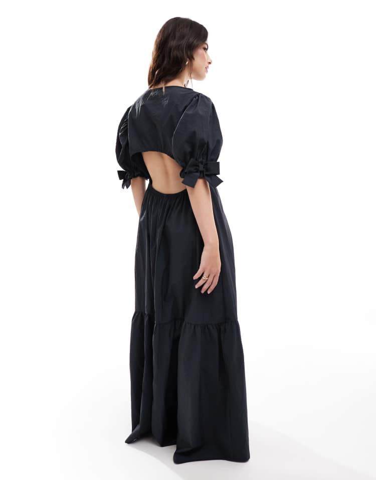 Puff sleeve low back tiered maxi dress in black