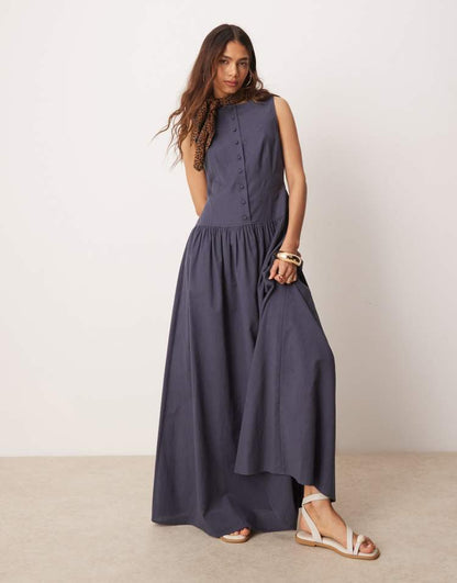 Slash neck button down dropped waist maxi dress in deep navy