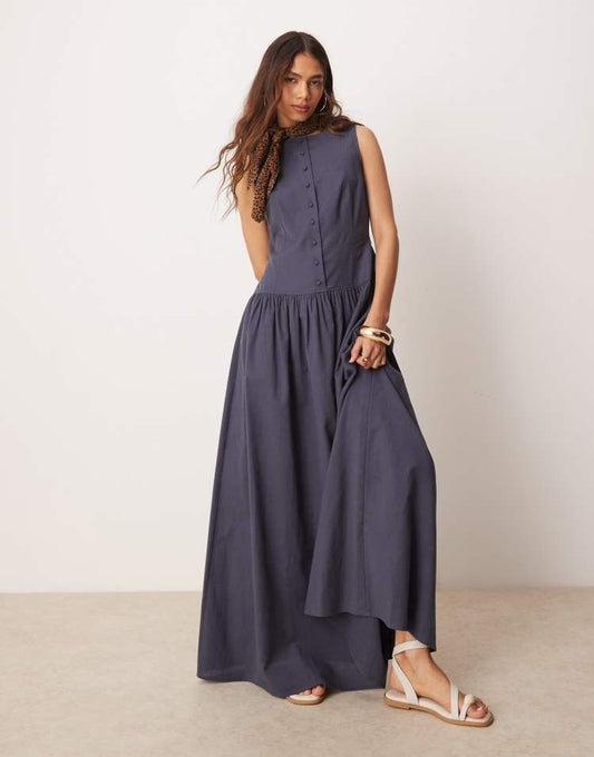 Slash neck button down dropped waist maxi dress in deep navy