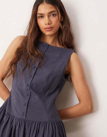 Slash neck button down dropped waist maxi dress in deep navy