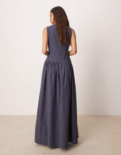 Slash neck button down dropped waist maxi dress in deep navy