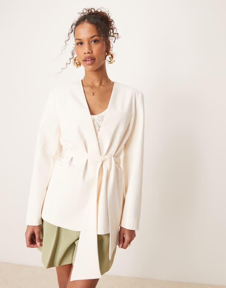 Tie waist collarless blazer in buttermilk