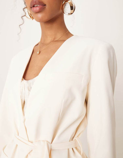 Tie waist collarless blazer in buttermilk