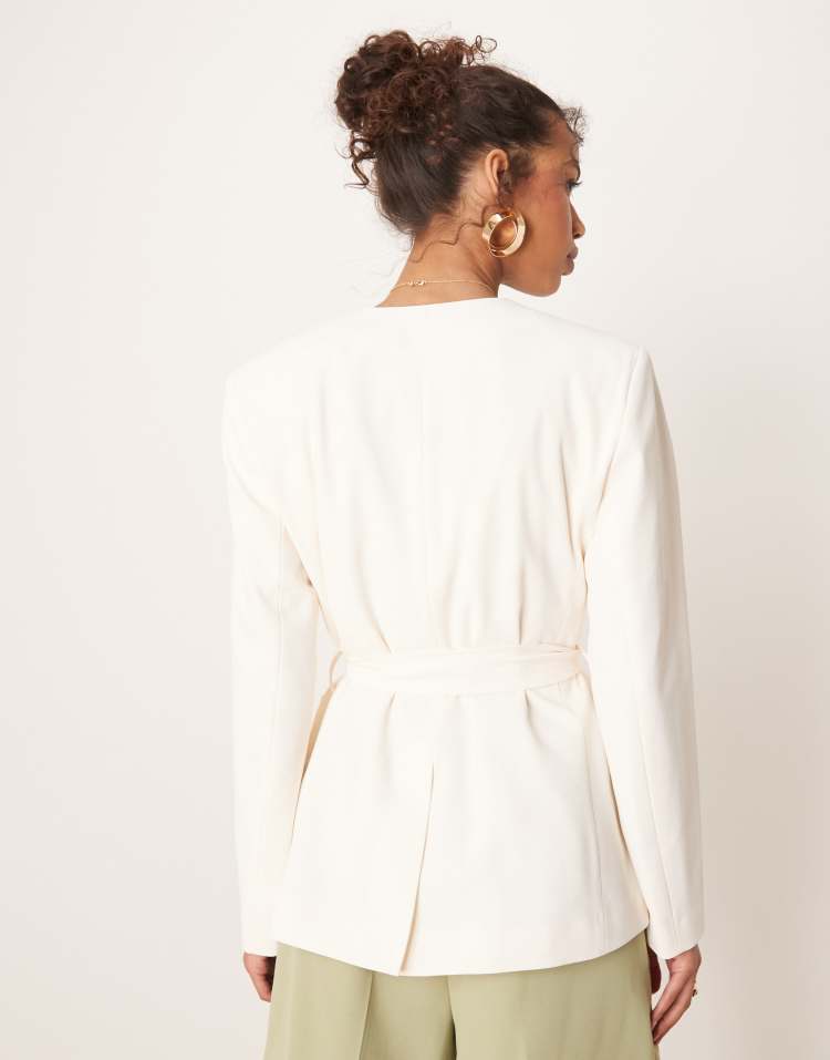 Tie waist collarless blazer in buttermilk