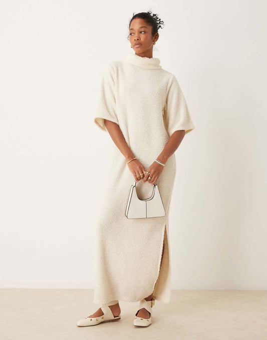 Fluffy roll neck boxy midi t-shirt dress in ivory